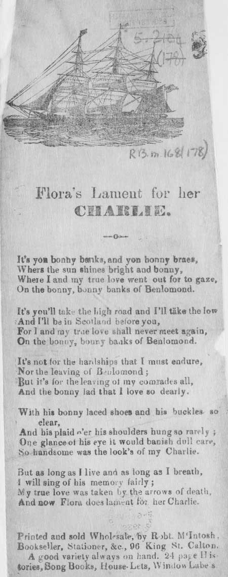 Broadside ballad entitled 'Flora's Lament for her Charlie'