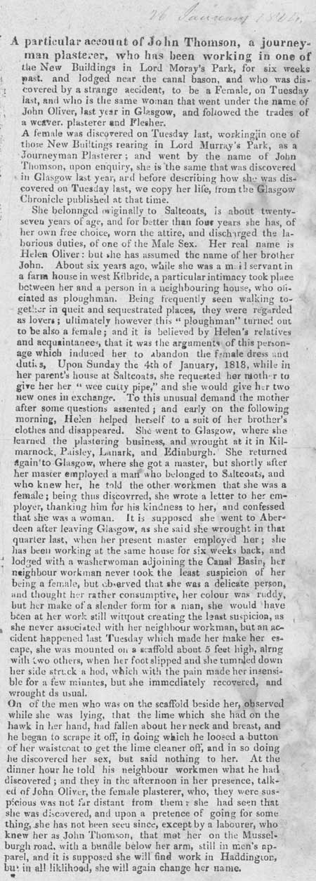 Broadside report regarding a woman who masqueraded as a man, c. 1820