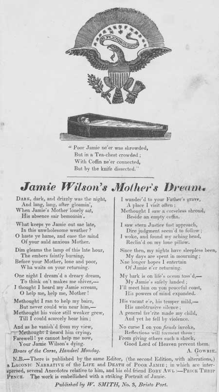 Broadside ballad entitled 'Jamie Wilson's Mother's Dream'