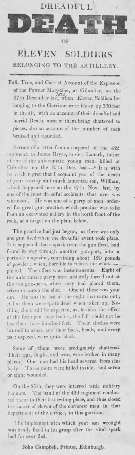 Broadside entitled 'Dreadful Death of Eleven Soldiers Belonging to the Artillery'