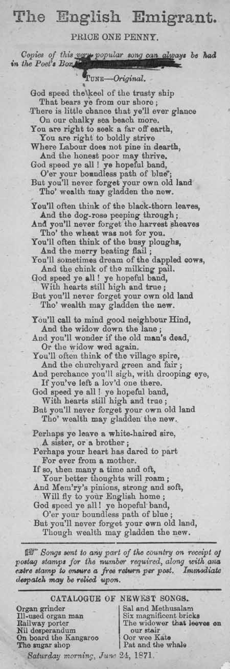 Broadside ballad entitled 'The English Emigrant'