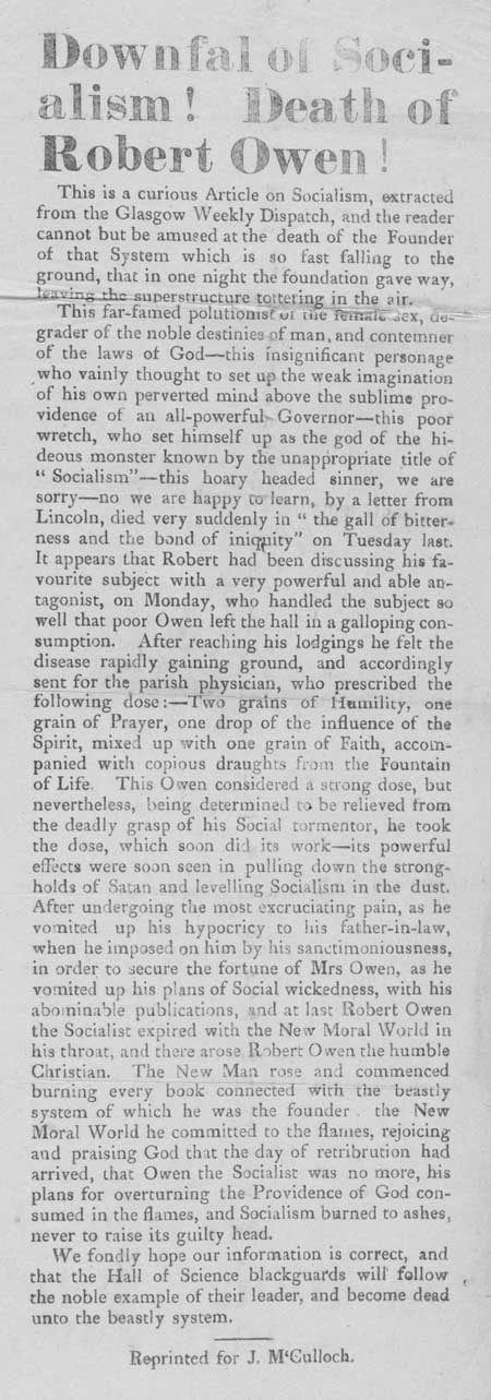 Broadside entitled 'Downfall of Socialism! Death of Robert Owen!'