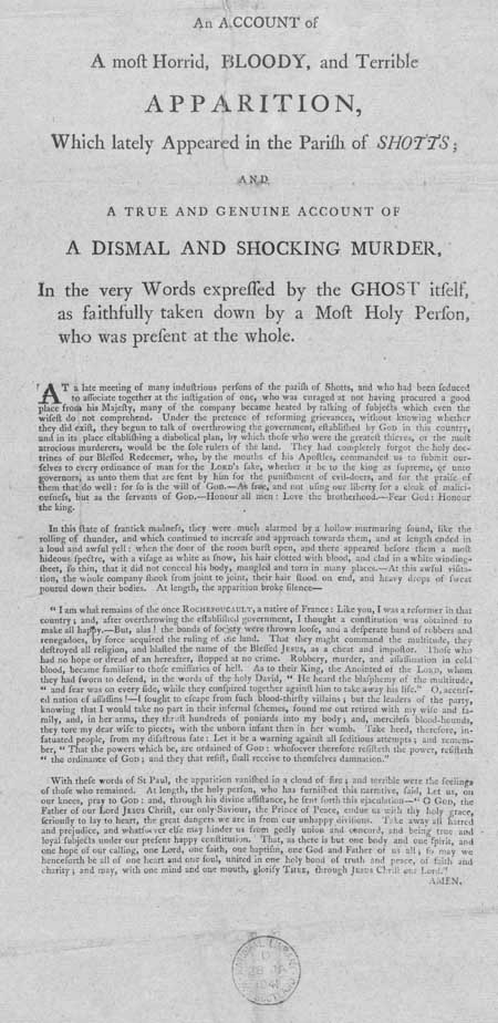 Broadside regarding an apparition which appeared at Shotts, Lanarkshire, Scotland
