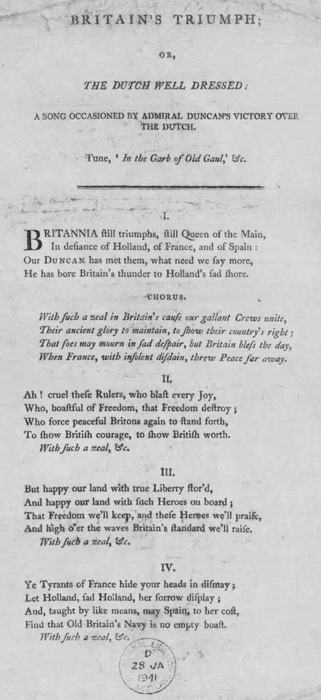 Broadside ballad entitled 'Britain's Triumph; Or, The Dutch Well Dressed:'