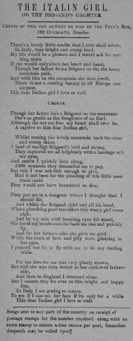 Broadside ballad entitled 'The Italian Girl, or The Brigand's Daughter'