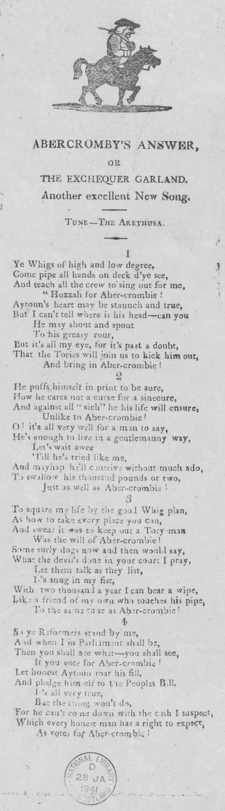 Broadside ballad entitled 'Abercromby's Answer, or the Exchequer Garland. Another excellent New Song'