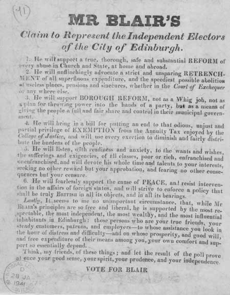 Broadside entitled 'Mr Blair's Claim to Represent the Independent Electors of the City of Edinburgh'