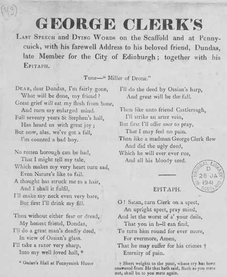 Broadside entitled 'George's Clerk's Last Speech and Dying Words'