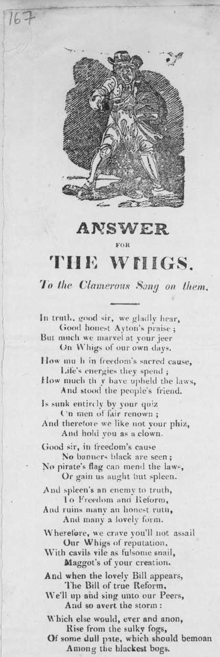 Broadside ballad entitled 'Answer for the Whigs To the Clamorous Song On Them'