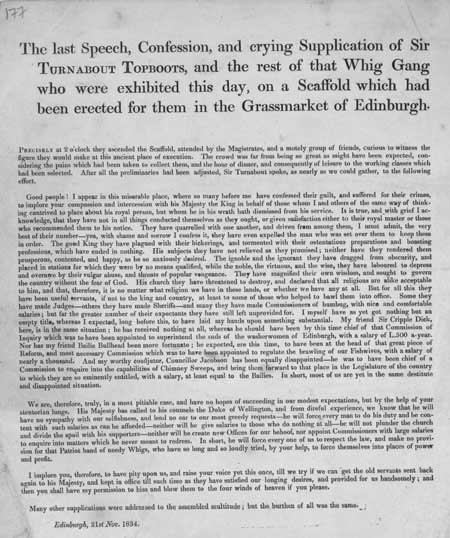 Broadside concerning the imagined execution of some Whig Party members in Edinburgh's Grassmarket