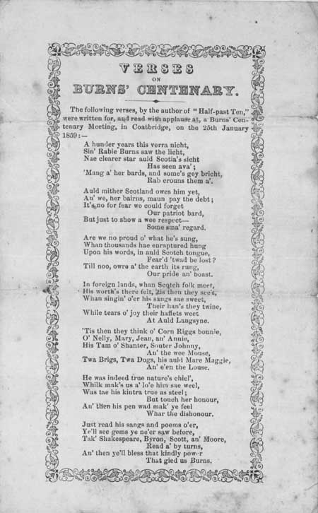 Broadside poem entitled: 'Verses on Burns' Centenary'