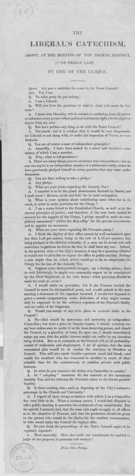 Broadside entitled 'The Liberal's Catechism, Dropt at the Meeting of the Fourth District, by One of the Clique'