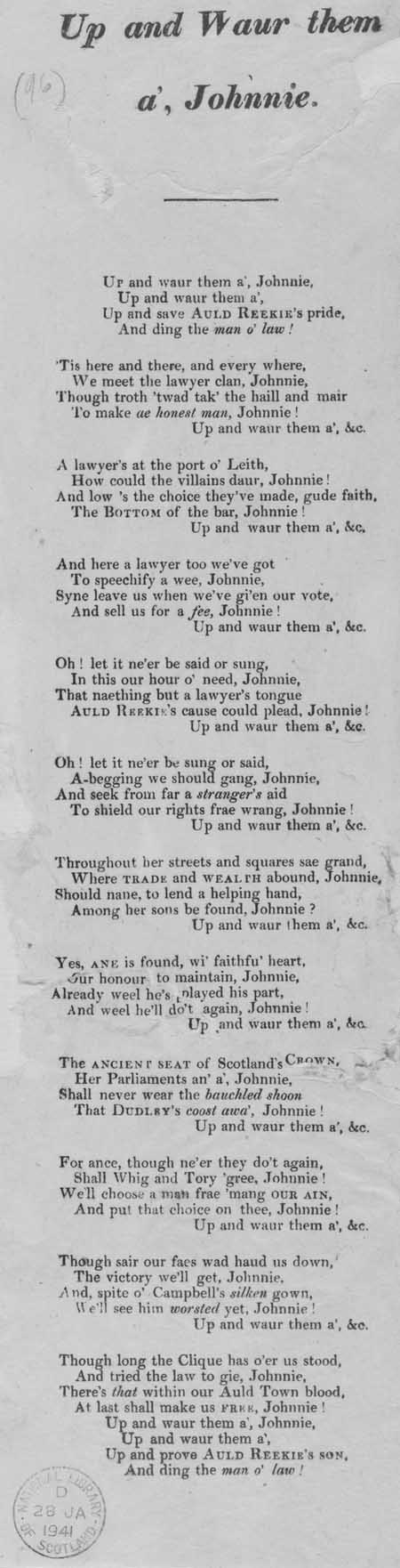 Broadside ballad entitled 'Up and Waur Them A', Johnnie'