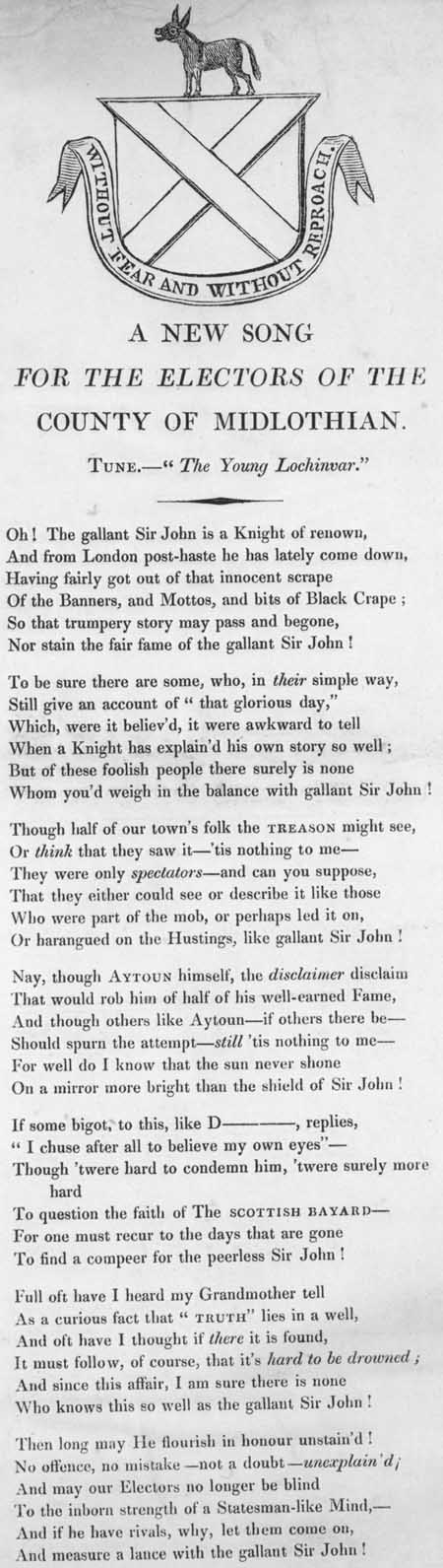 Broadside ballad entitled 'A New Song for the Electors of the County of Midlothian'