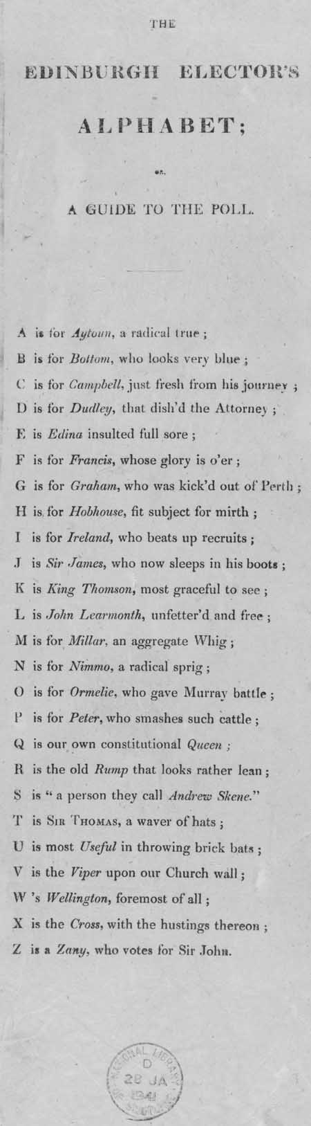 Broadside entitled 'The Edinburgh Elector's Alphabet; or A Guide to the Poll'