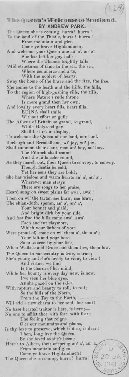 Broadside ballad entitled 'The Queen's Welcome to Scotland'