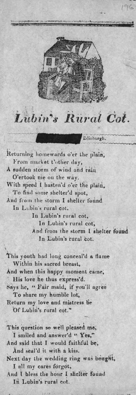 Broadside ballad entitled 'Lubin's Rural Cot'