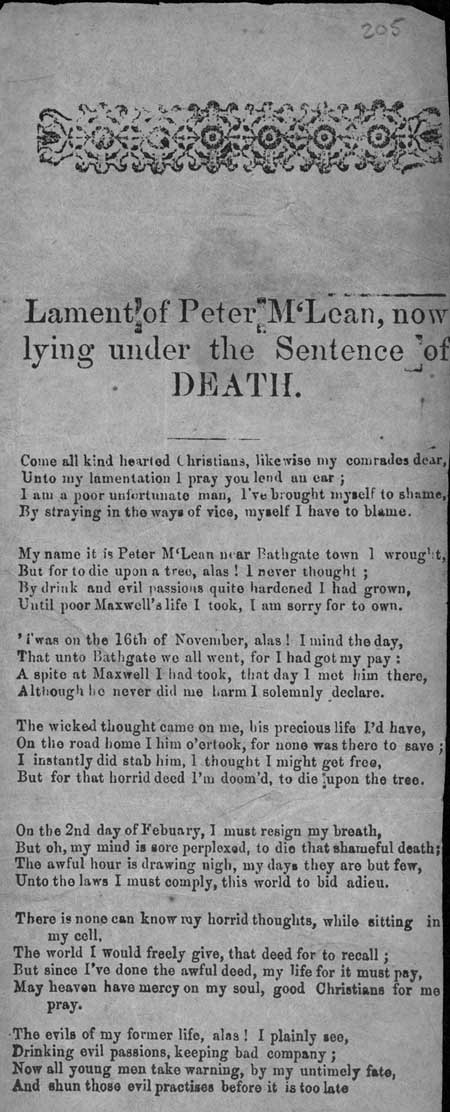 Broadside entitled 'Lament of Peter Mclean, now lying under the Sentence of Death'