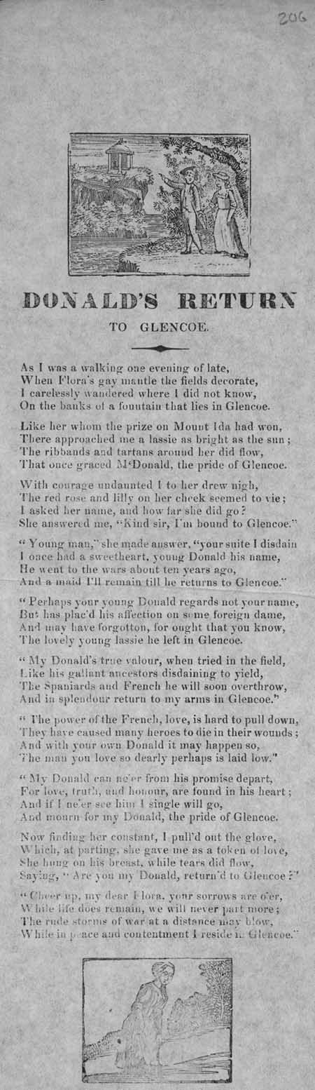 Broadside ballad entitled 'Donald's Return to Glencoe'