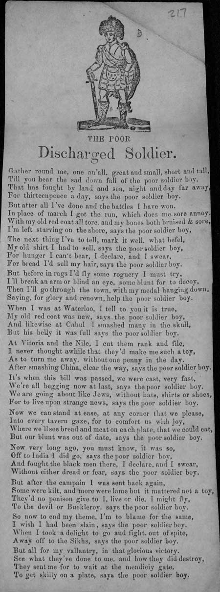 Broadside ballad entitled 'The Poor Discharged Soldier'