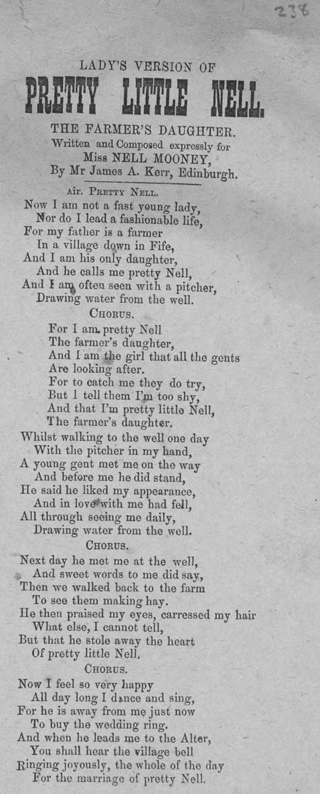 Broadside ballad entitled: 'Lady's Version of Pretty Little Nell the Farmer's Daughter'