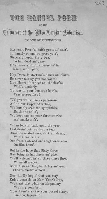 Broadside ballad entitled 'The Hansel Poem of the Deliverers of the Mid-Lothian Advertiser'