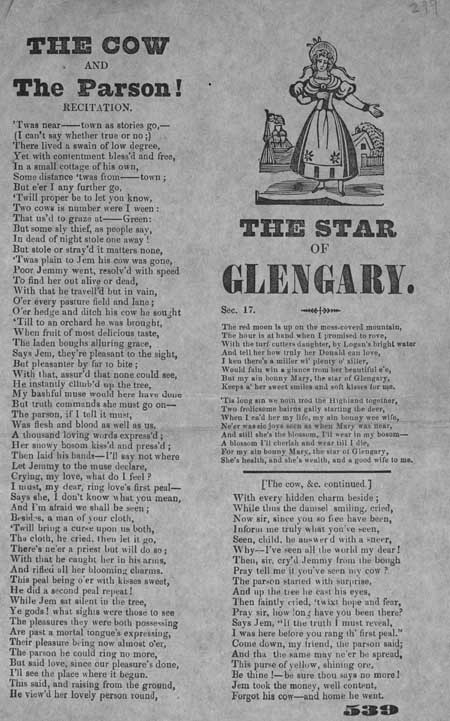 Broadside ballads entitled 'The Cow and the Parson!' and 'The Star of Glengary'