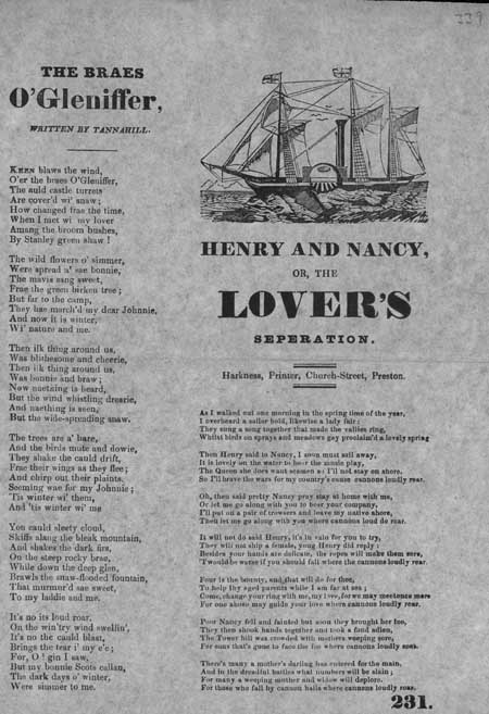 Broadside ballads entitled 'The Braes o' Gleniffer' and 'Henry and Nancy, or, The Lover's Separation'