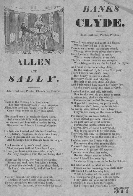 Broadside ballads entitled 'Allen and Sally' and 'Banks of Clyde'