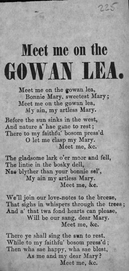 Broadside ballad entitled 'Meet Me on the Gowan Lea'