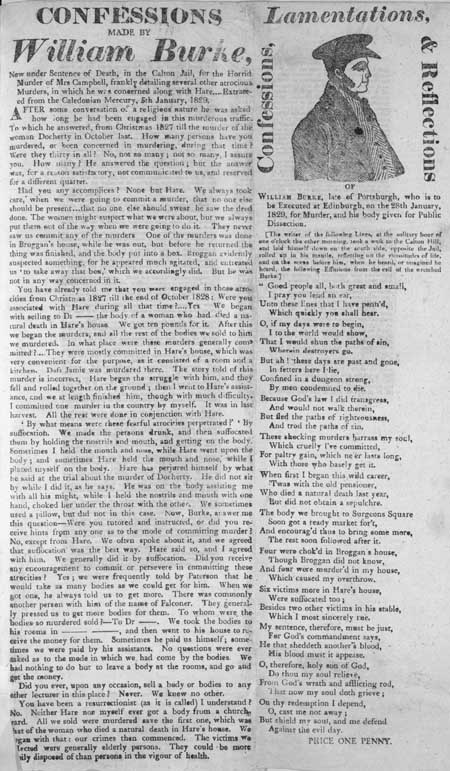 Broadside entitled 'Confessions made by William Burke'