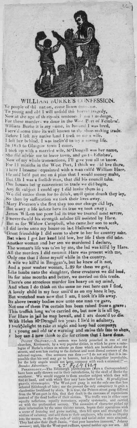 Broadside ballad entitled 'William Burke's Confession'