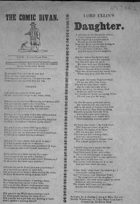 Broadside ballads entitled 'The Comic Divan' and 'Lord Ullin's Daughter'