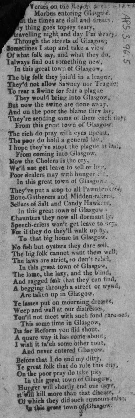 Broadside entitled 'Verses on the Report of the Morbus entering Glasgow'