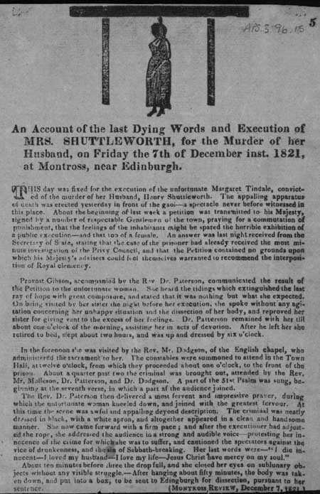 Broadside regarding the dying words and execution of Margaret Shuttleworth