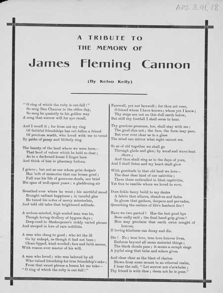 Broadside ballad entitled 'A Tribute to the Memory of James Fleming Cannon'