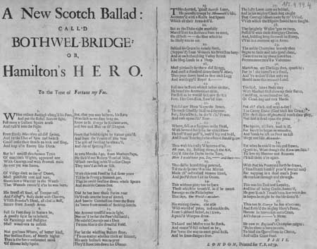 Broadside ballad entitled 'New Scotch Ballad: Call'd Bothwell-Bridge: Or, Hamilton's Hero'