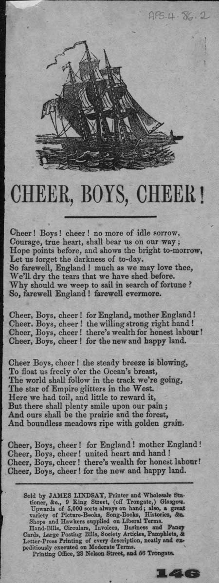 Broadside ballad entitled 'Cheer, Boys, Cheer!'