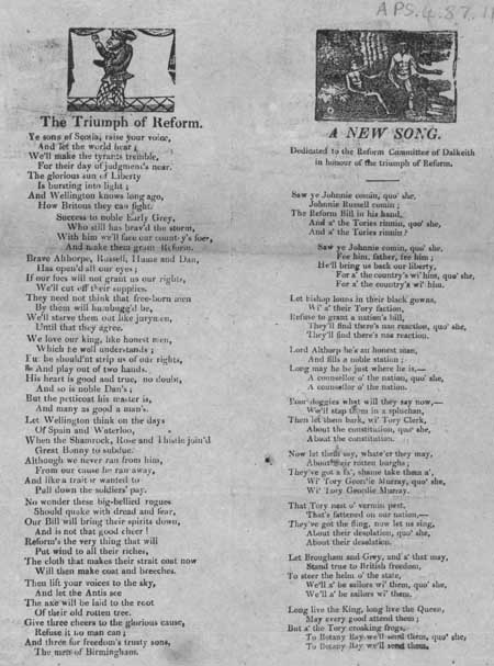Broadside ballads entitled 'The Triumph of Reform' and 'A New Song'