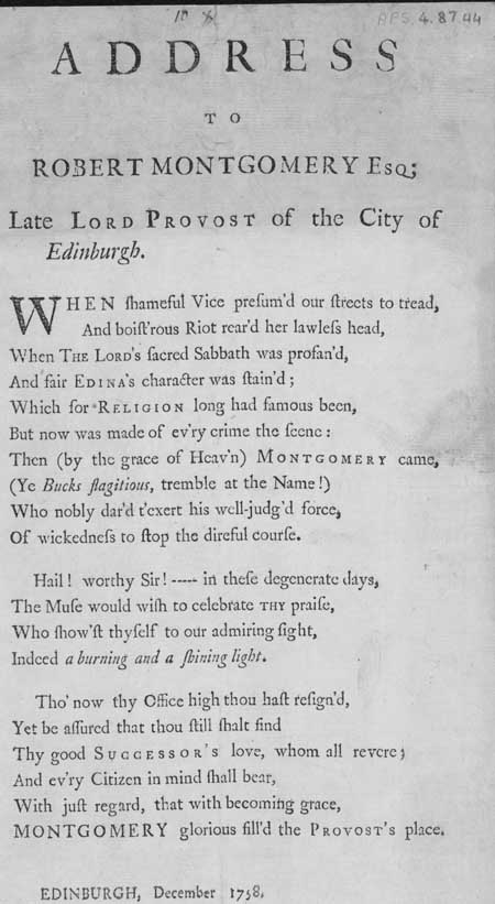 Broadside ballad entitled 'Address to Robert Montgomery Esq; Late Lord Provost of the City of Edinburgh'