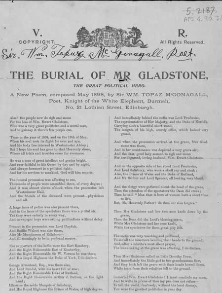 Broadside publication of a poem entitled 'The Burial of Mr Gladstone'