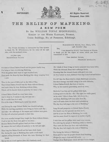 Broadside publication of a poem entitled 'The Relief of Mafeking'