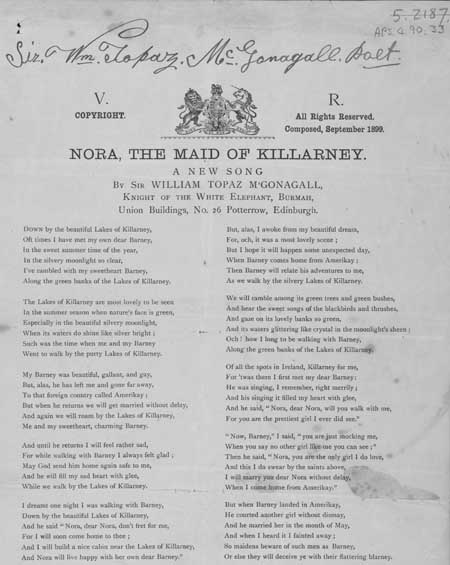 Broadside publication of a poem entitled 'Nora, the Maid of Killarney'