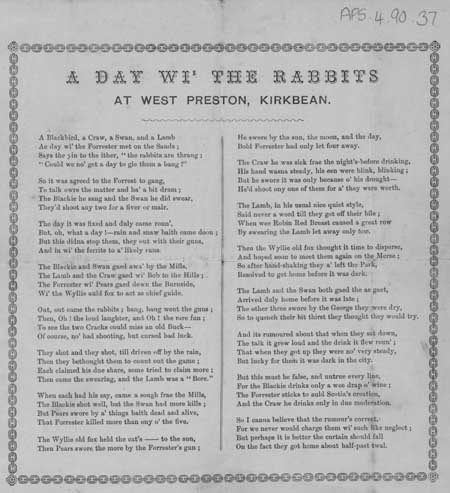 Broadside ballad entitled 'A Day wi' the Rabbits at West Preston, Kirkbean'