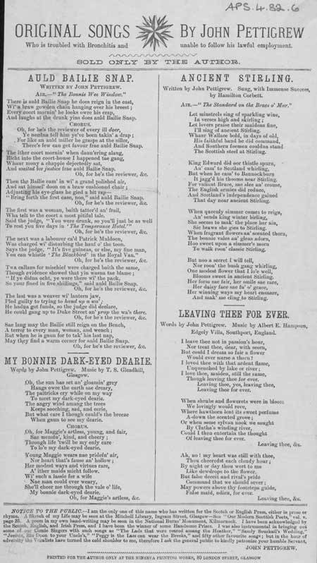 Broadside entitled 'Original Songs by John Pettigrew'