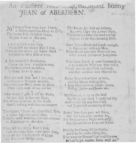 Broadside ballad entitled 'Bonny Jean of Aberdeen'