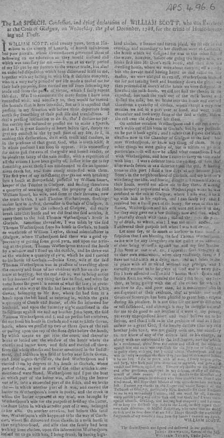 Broadside letter containing the final words of William Scott, Glasgow, 1788
