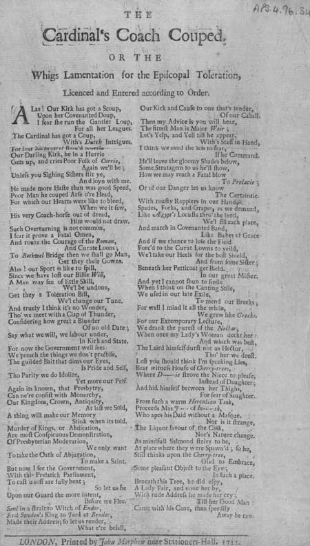 Broadside entitled 'The Cardinal's Coach Couped, or the Whigs Lamentation for the Episcopal Toleration'