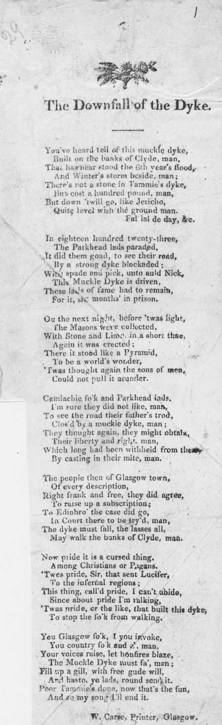 Broadside ballad entitled 'The Downfall of the Dyke'