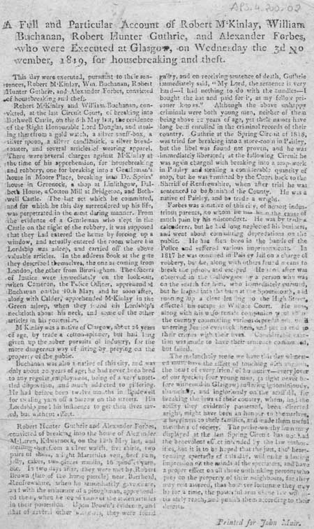 Broadside concerning the execution of Robert McKinlay, William Buchanan, Robert Hunter Guthrie and Alexander Forbes, Glasgow, 1819
